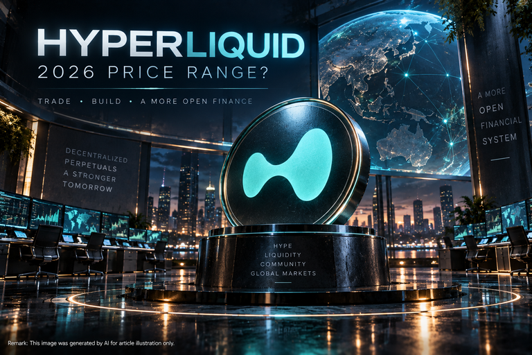 Cinematic HYPE token in a futuristic Hyperliquid trading environment for a 2026 price-threshold analysis