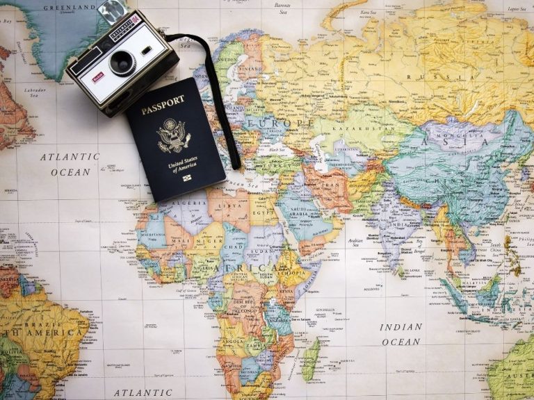 Vacation Planning, map, camera, passport, student budget travel