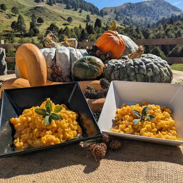 Risotto di zucca e castagne con decorazioni di menta fresca.