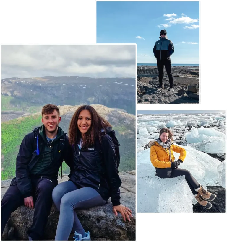 The founders of Under Northern Skies are pictured on their travels—smiling together atop Pulpit Rock in Norway with a fjord view, standing solo on volcanic rock under a bright Icelandic sky, and sitting on a large ice chunk at Diamond Beach, bundled in winter gear. The images capture their love for outdoor adventure across Nordic landscapes.