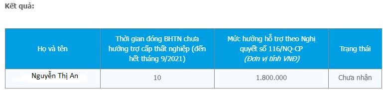 Kết quả trả về sau khi tra cứu thông tin số tiền được hỗ trợ theo Nghị quyết 116/NQ-CP