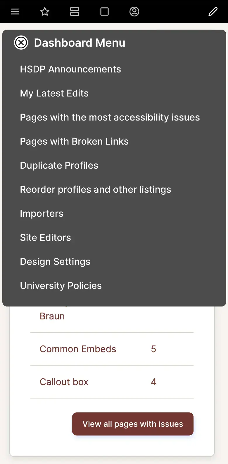 content dashboard menu