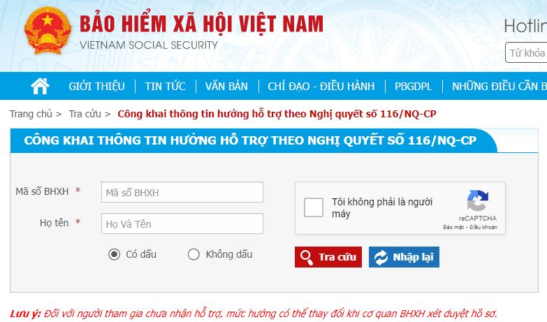 Cách tra cứu thông tin số tiền được hỗ trợ theo Nghị quyết 116/NQ-CP