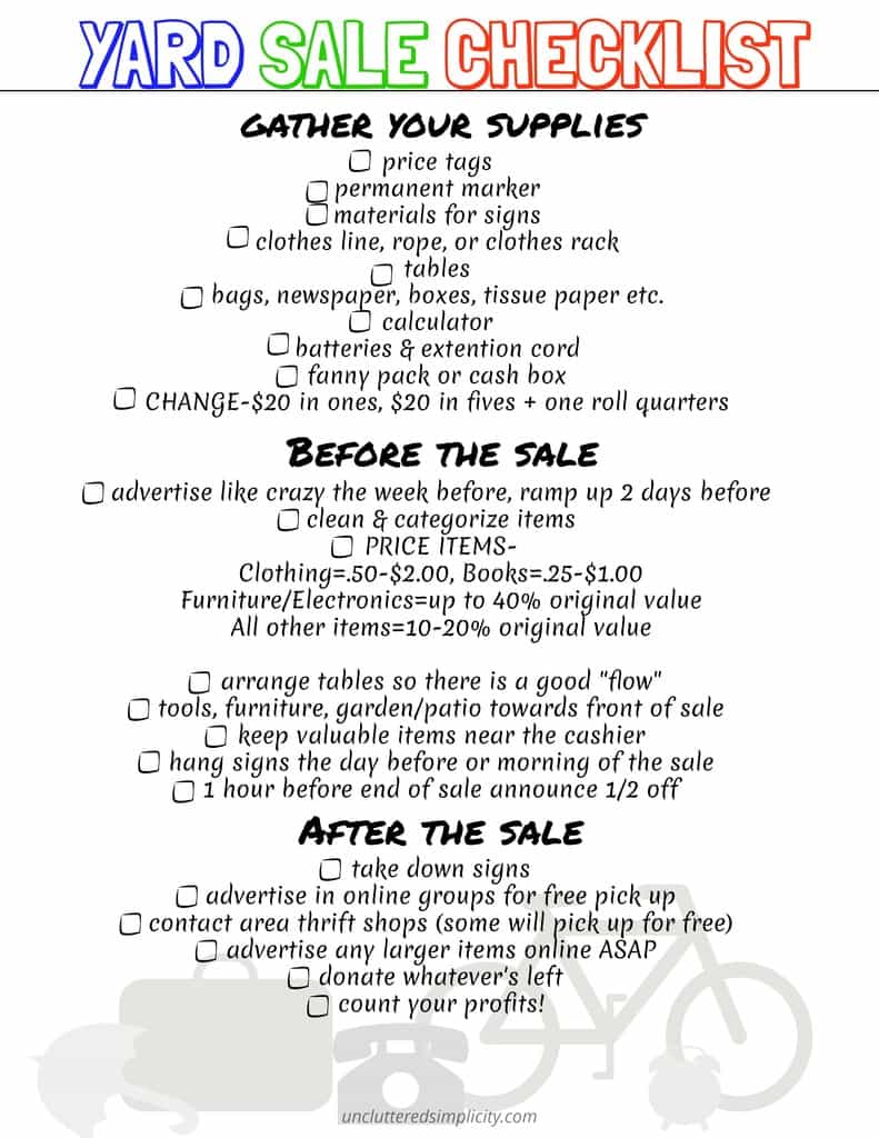 Organize your next yard sale with this free printable yard sale checklist. #freeprintables #yardsale #declutter #organize