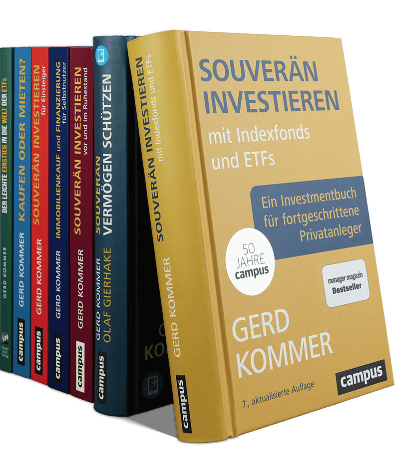 Verschiedene Bücher von Dr. Gerd Kommer, seitlich aufgereiht.