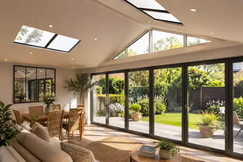 Conservatory too hot in summer solution showing a modern insulated conservatory roof interior with roof glazing, garden doors and a bright usable living space.