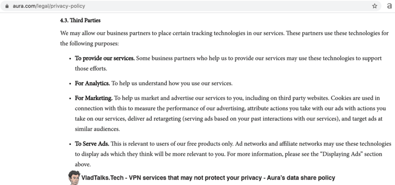 VPN services that may NOT protect your privacy 16 VPN privacy - Aura data share policy