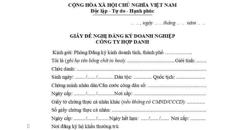 Mẫu giấy đề nghị đăng ký doanh nghiệp công ty hợp danh.