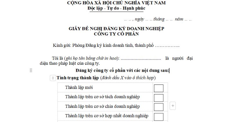 Mẫu giấy đề nghị thành lập công ty cổ phần.