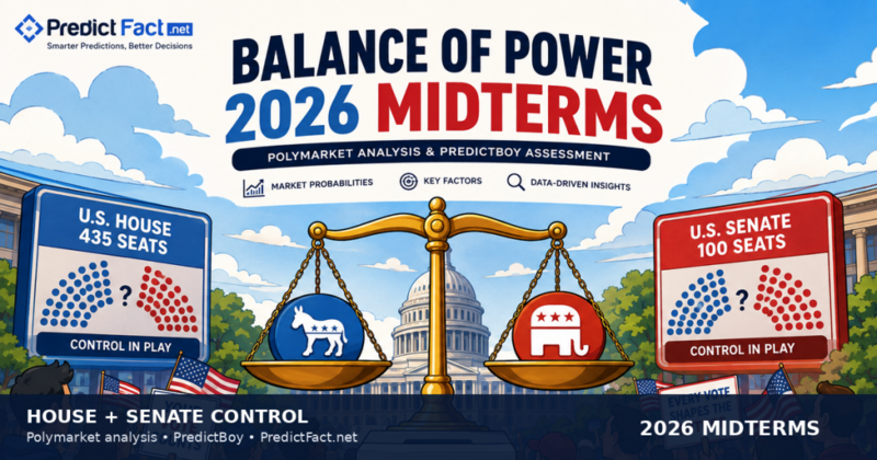 Cartoon editorial illustration of the U.S. Capitol with Democratic and Republican symbols balancing House and Senate control in the 2026 midterms