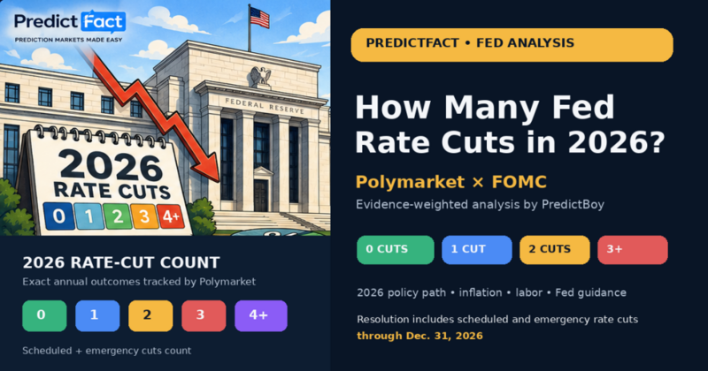 Cartoon editorial illustration of the Federal Reserve building and a 2026 rate-cuts calendar for Polymarket analysis