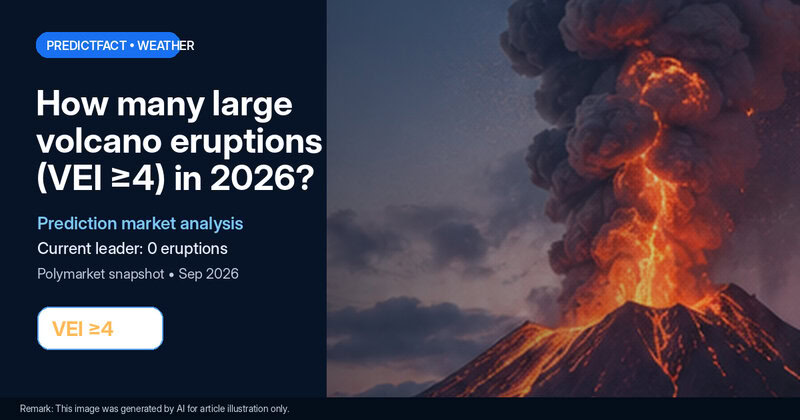 Editorial illustration of an explosive volcano for the 2026 VEI 4+ eruption prediction market analysis