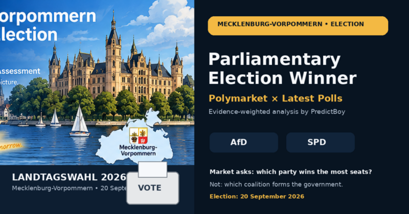 Cartoon editorial illustration of Schwerin Castle and a ballot box for the 2026 Mecklenburg-Vorpommern parliamentary election