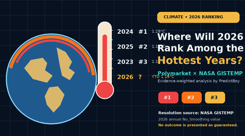 Cartoon editorial illustration of Earth, a thermometer and NASA GISTEMP annual rankings asking where 2026 will rank among the hottest years
