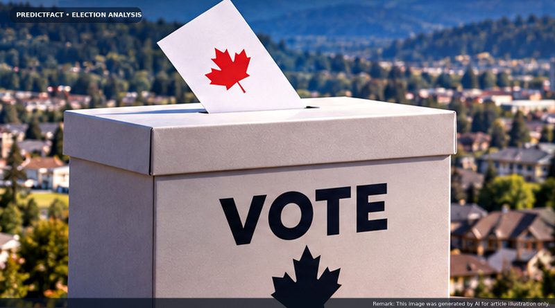 AI-generated editorial view of a Fraser Valley voting scene with a ballot box and mountain backdrop for the Abbotsford-Mission by-election analysis.