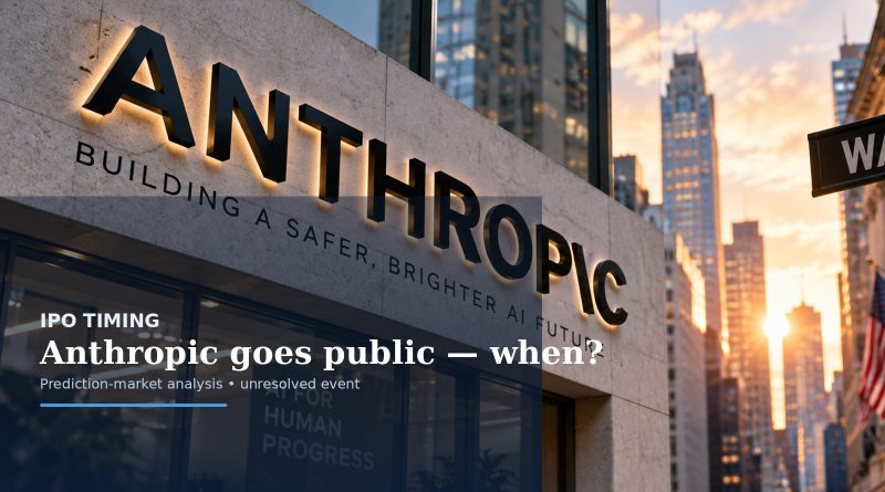 Cinematic editorial scene of an Anthropic-themed AI company facade in a financial district, illustrating uncertainty around the timing of Anthropic’s IPO.