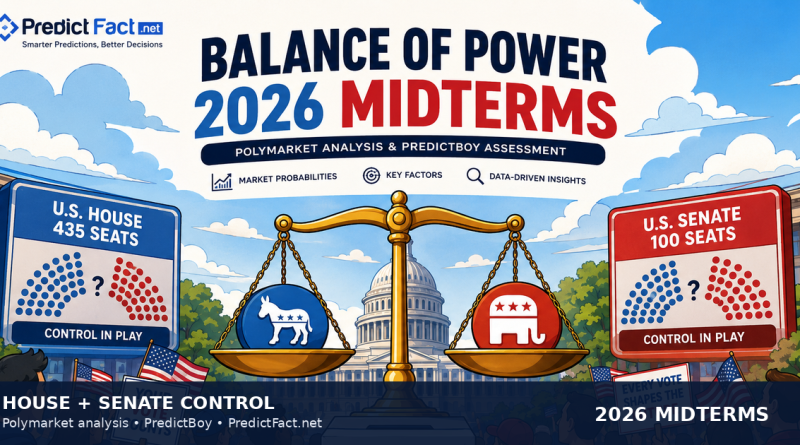 Cartoon editorial illustration of the U.S. Capitol with Democratic and Republican symbols balancing House and Senate control in the 2026 midterms