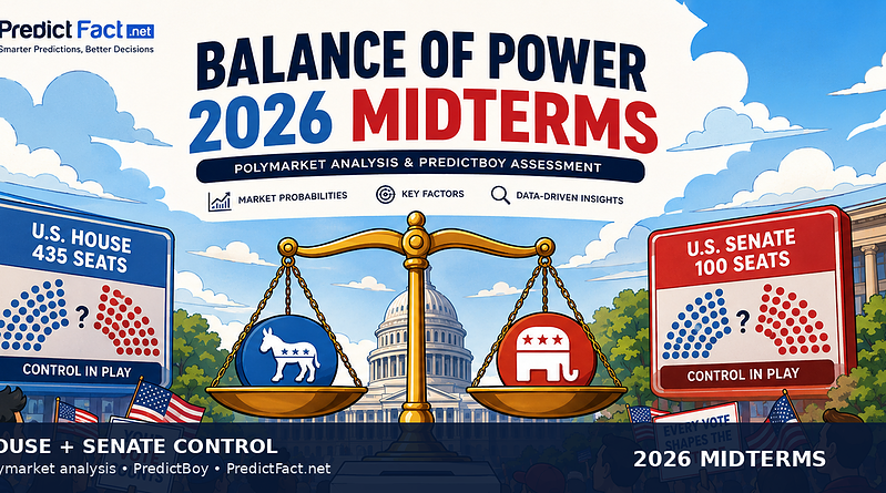 Cartoon editorial illustration of the U.S. Capitol with Democratic and Republican symbols balancing House and Senate control in the 2026 midterms