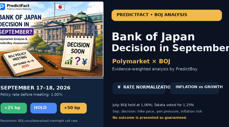 Cartoon editorial illustration of the Bank of Japan head office with September 2026 rate decision labels and yen policy analysis