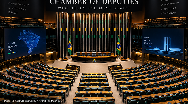 Cinematic editorial illustration of Brazil’s Chamber of Deputies interior for the 2026 federal-deputy election market