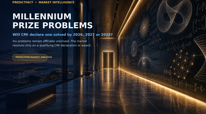 Cinematic mathematical institute scene for a CMI Millennium Prize Problem prediction market analysis