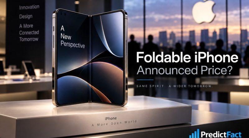 Editorial illustration of a foldable smartphone on a launch stage for Foldable iPhone announced price analysis
