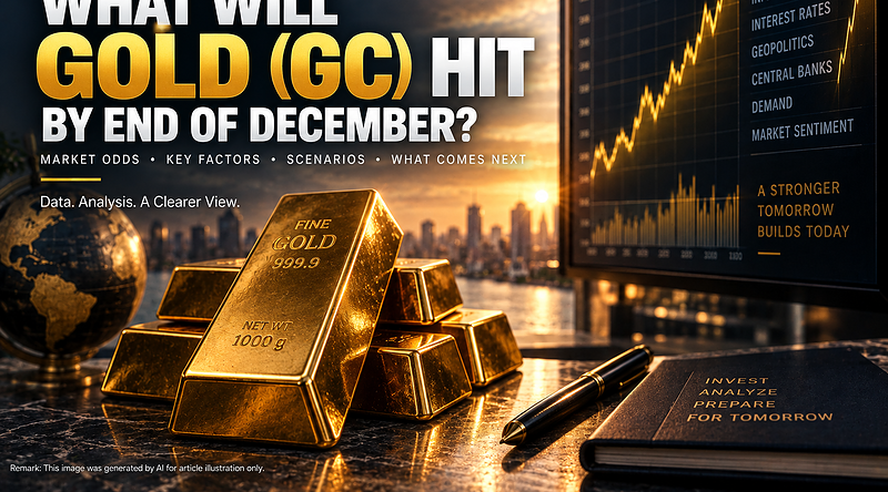Cinematic gold bars and market-screen illustration for Gold GC December 2026 prediction-market analysis