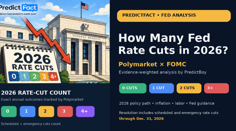 Cartoon editorial illustration of the Federal Reserve building and a 2026 rate-cuts calendar for Polymarket analysis
