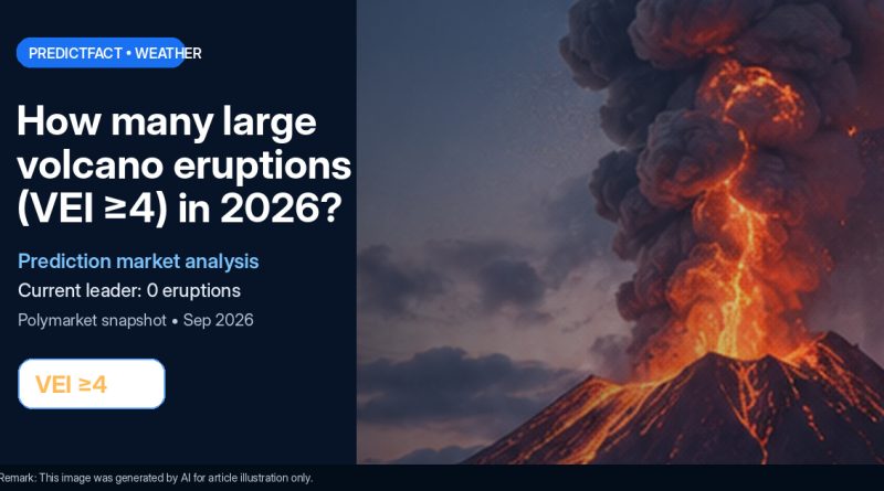 Editorial illustration of an explosive volcano for the 2026 VEI 4+ eruption prediction market analysis