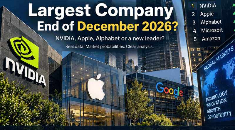 Cartoon editorial illustration of NVIDIA headquarters Apple Park and Google Bay View representing the race to be the world’s largest company by market cap at the end of 2026