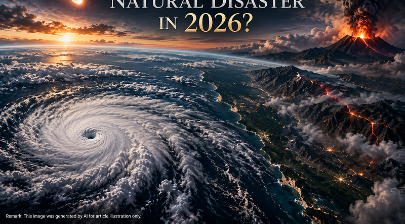 Cinematic global hazard panorama with hurricane, volcano, earthquake fault and meteor for Natural Disaster in 2026 analysis