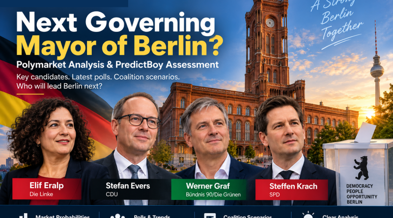 Editorial Berlin 2026 Governing Mayor analysis graphic featuring Elif Eralp Stefan Evers Werner Graf and Steffen Krach with Berlin city hall context