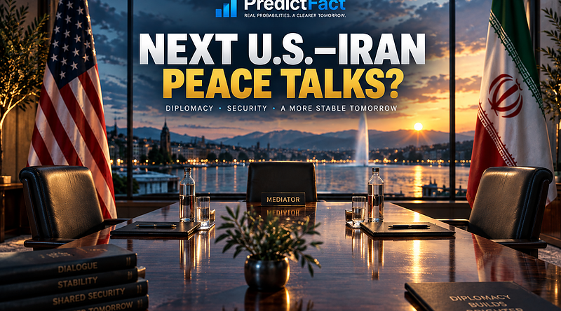 Cinematic empty U.S.-Iran diplomatic conference room illustrating the next formal peace-talks round