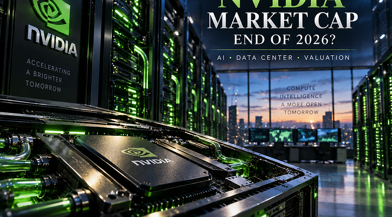 Cinematic Nvidia AI data center with GPU infrastructure for end-of-2026 market-cap analysis