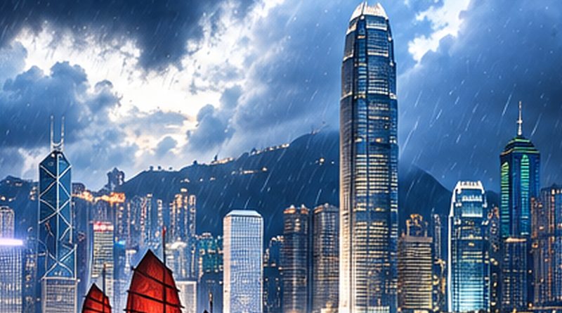 Hong Kong skyline under dramatic September monsoon clouds for a rainfall prediction market analysis