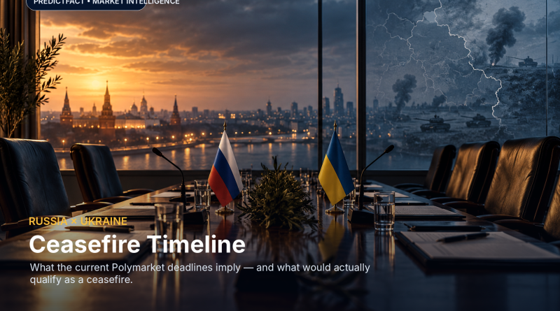 AI editorial illustration of an empty Russia–Ukraine negotiation table with national flags and a battlefield map backdrop