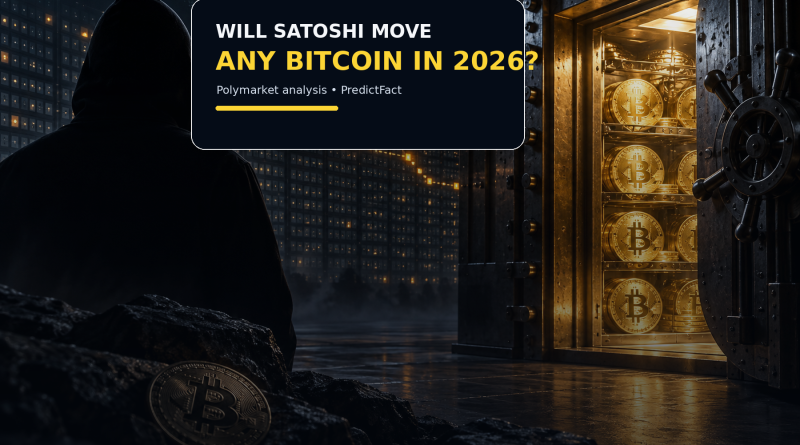Cinematic illustration of an anonymous Satoshi figure facing a vault of dormant Bitcoin for a 2026 Polymarket analysis