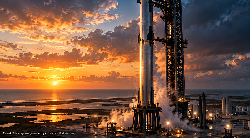 Cinematic Starship-like rocket at a coastal launch tower for Flight Test 14 analysis