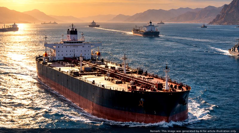 Oil tankers and escort vessels navigating a narrow Strait of Hormuz at sunset, used as an AI-generated editorial illustration of shipping-normalization uncertainty.