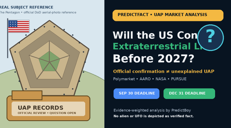 Cartoon editorial illustration of the Pentagon, U.S. flag and UAP records folder asking whether the United States will confirm extraterrestrial life before 2027