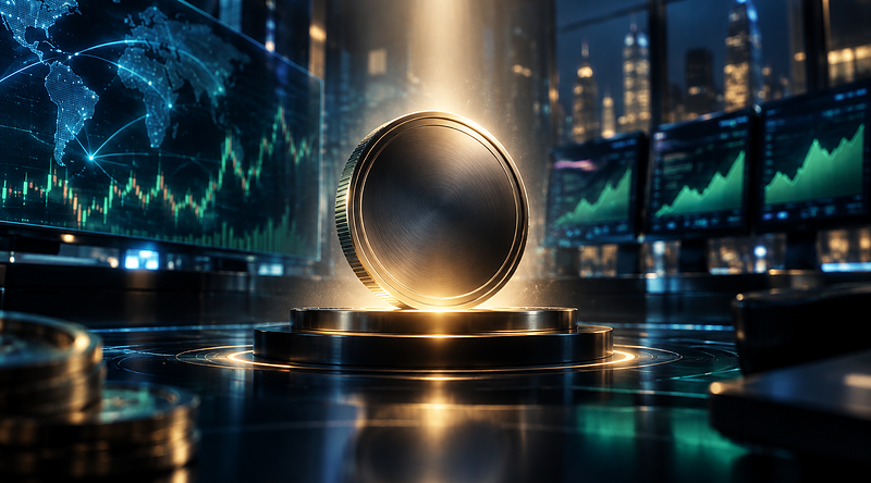 Cinematic metallic token in a high-tech derivatives trading environment illustrating Variational future token launch