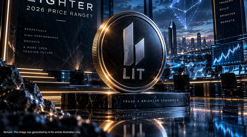 Cinematic LIT token in a futuristic Lighter trading environment for a 2026 price-threshold analysis