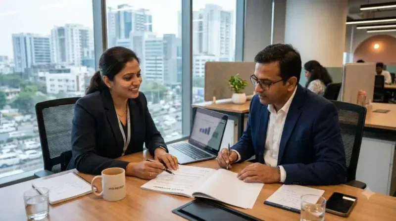 IT recruitment agency in Hyderabad — consultant reviewing hiring agreement and SLA terms with client