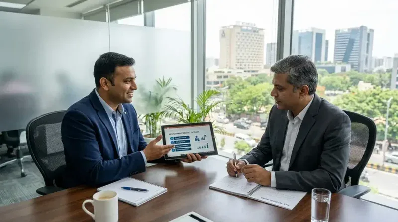 Recruitment services in Hyderabad — consultant explaining hiring service options to business client
