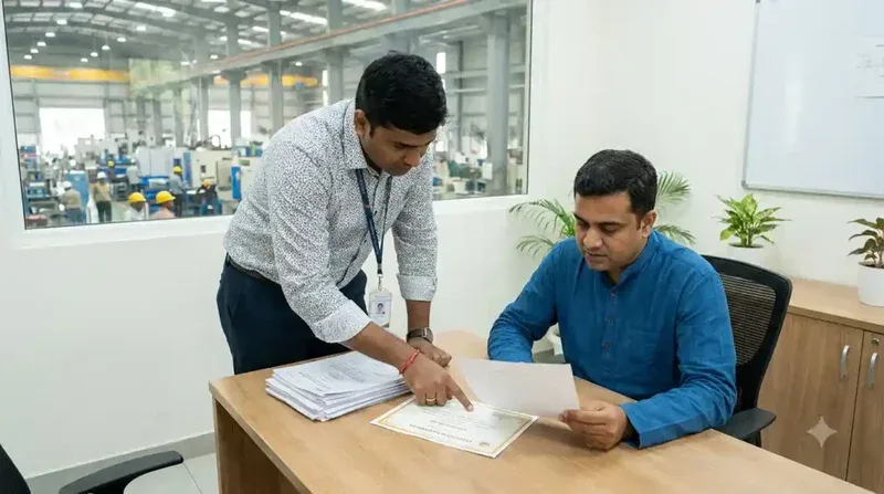 Manufacturing recruitment consultants — recruiter verifying certifications for shop floor candidate