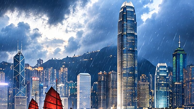 Hong Kong skyline under dramatic September monsoon clouds for a rainfall prediction market analysis