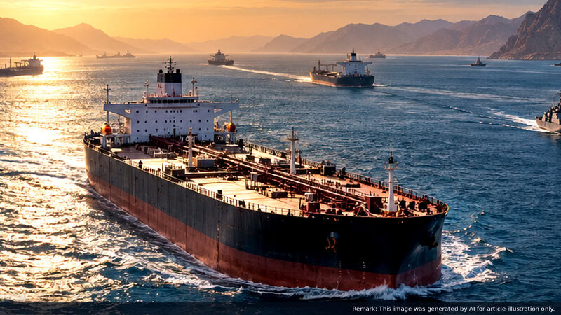 Oil tankers and escort vessels navigating a narrow Strait of Hormuz at sunset, used as an AI-generated editorial illustration of shipping-normalization uncertainty.