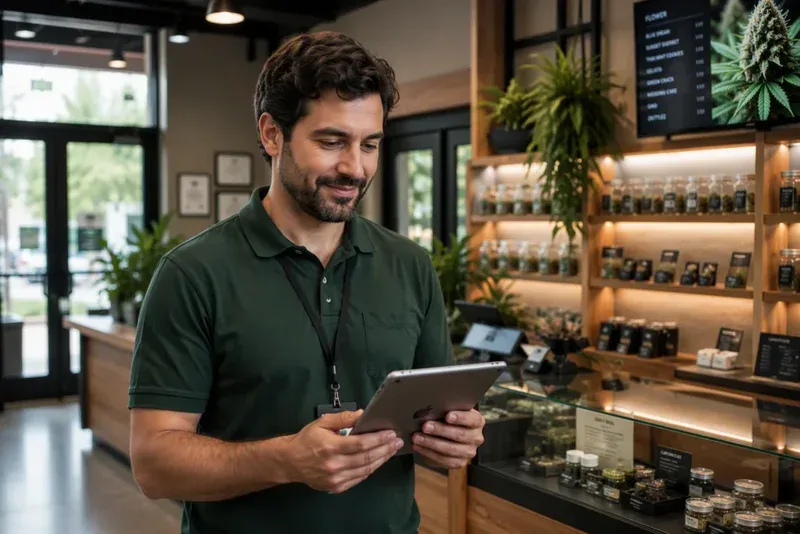 Cannabis dispensary manager reviewing compliance records on a tablet