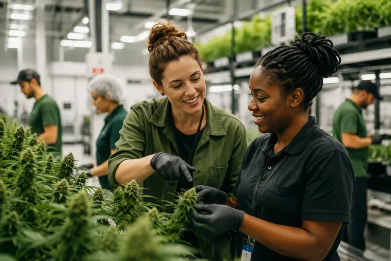 Cannabis cultivation employees examining plants together in a grow facility