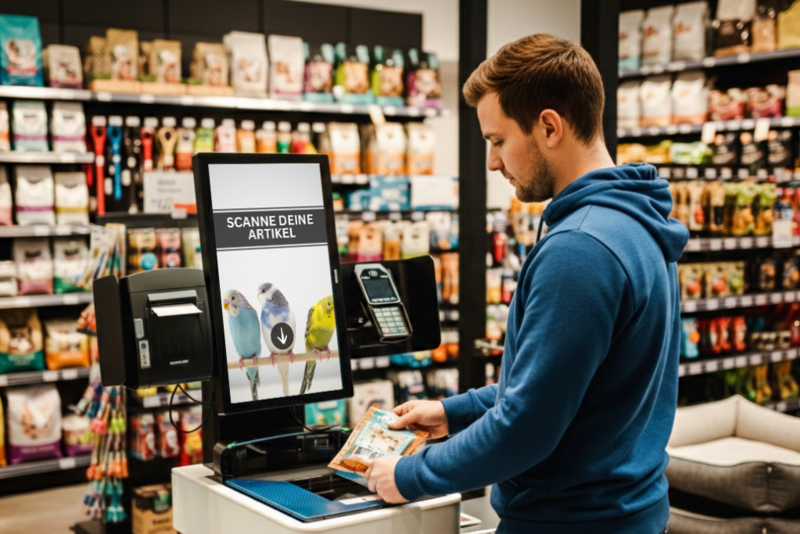 Kunde im Tierladen an der copago Self Checkout Kasse